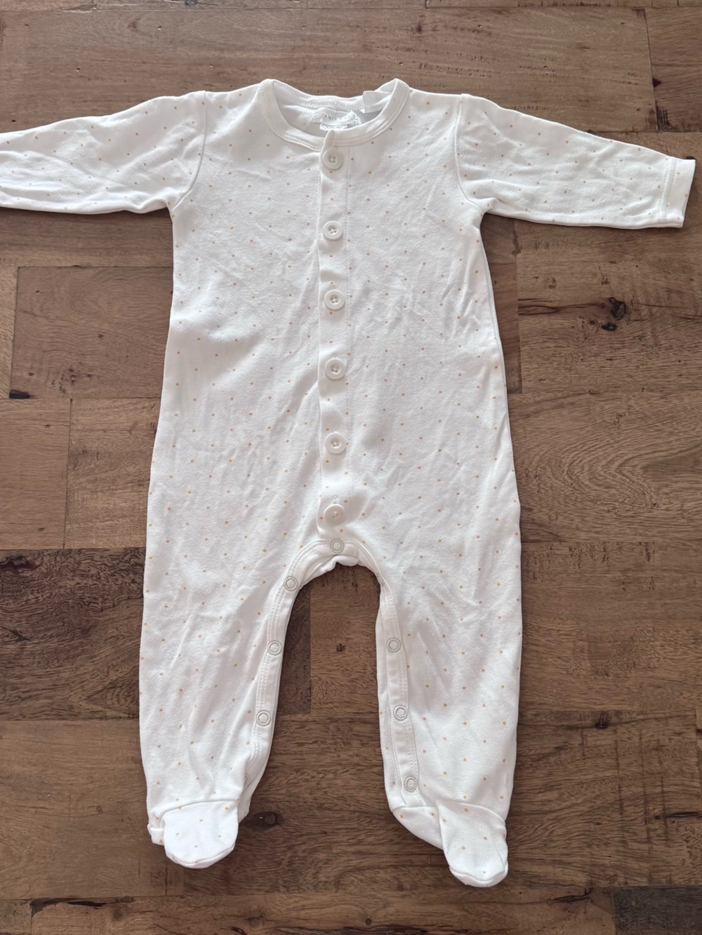 Jamie Kay Soft White Baby Footed One-Piece polka dot unisex organic cotton 3-5 m